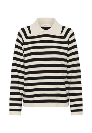 Črno-bel pulover z dolgimi rokavi in horizontalnimi črtami, širokim krem barvnim ovratnikom ter rebrastimi manšetami in spodnjim robom.