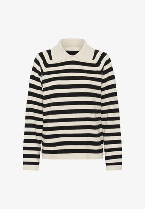 Schwarz-weiß gestreifter Pullover mit langen Ärmeln, breitem cremefarbenem Kragen und gerippten Bündchen sowie Saum.