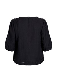 Black puff-sleeve blouse with a round neckline. Features a back zipper and subtle seam detailing along the hem and sleeves. Soft texture.