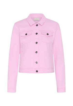 Veste courte en jean rose clair avec boutons noirs, deux poches poitrine à rabats et manches longues.