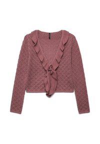 Cardigan corto lavorato a maglia in rosa polveroso con un motivo a diamante, scollatura arricciata e chiusura con laccetto davanti. Maniche lunghe incluse.