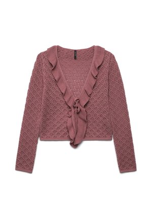 Cardigan corto lavorato a maglia in rosa polveroso con un motivo a diamante, scollatura arricciata e chiusura con laccetto davanti. Maniche lunghe incluse.