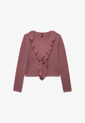Gestrickte, kurze Strickjacke in staubigem Rosé mit einem Rautenmuster, rüschenförmigem Ausschnitt und Bindebandverschluss vorne. Lange Ärmel inklusive.