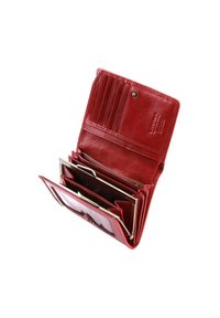 Red leather wallet with multiple card slots, a snap closure, and three compartments for cash and cards, featuring a textured finish.