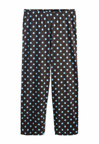 Pantalon marron ample avec taille élastique, arborant un motif complet de pois bleu clair uniformément espacés.