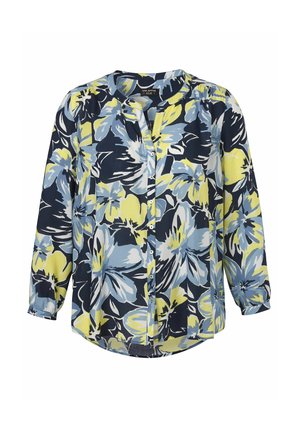 Blumenbluse mit navyfarbenem Hintergrund, die große gelbe und blaue Blumen zeigt. Lange Ärmel, Knopfleiste und runder Halsausschnitt.