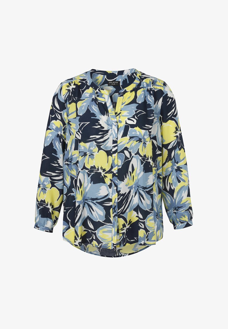 Blumenbluse mit navyfarbenem Hintergrund, die große gelbe und blaue Blumen zeigt. Lange Ärmel, Knopfleiste und runder Halsausschnitt.