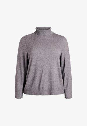 Pull encolure cheminée gris avec des manches longues, fabriqué en tissu doux. Présente des poignets et un ourlet côtelés, avec un détail de bouton sur le côté.