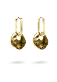 Ohrringe aus goldfarbenem Metall im Hoop-Stil zeigen ein abstraktes, gewelltes Design mit Ausschnitten und einer polierten Oberfläche, die ein reflektierendes Finish zur Schau stellt.