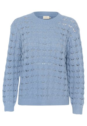 Suéter de punto azul claro con un patrón texturizado y abierto. Cuenta con un cuello redondo y mangas largas con puños y dobladillo acanalados.