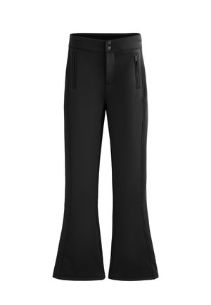 Zwarte flared broek van een soepele stof met een brede tailleband, twee voorzakken met rits en twee knopen aan de taille.