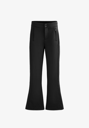 Zwarte flared broek van een soepele stof met een brede tailleband, twee voorzakken met rits en twee knopen aan de taille.