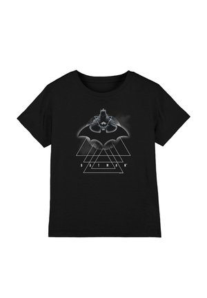 Black T-shirt with a grayscale graphic of Batman above layered triangle shapes and the word "BATMAN" below in white letters.