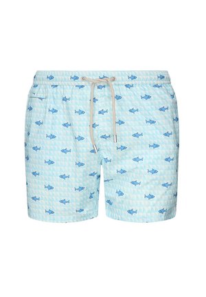 Pantaloni da bagno azzurri con un motivo geometrico e piccoli motivi di pesci blu. Dotati di una cintura elastica con cordoncino e due tasche laterali.