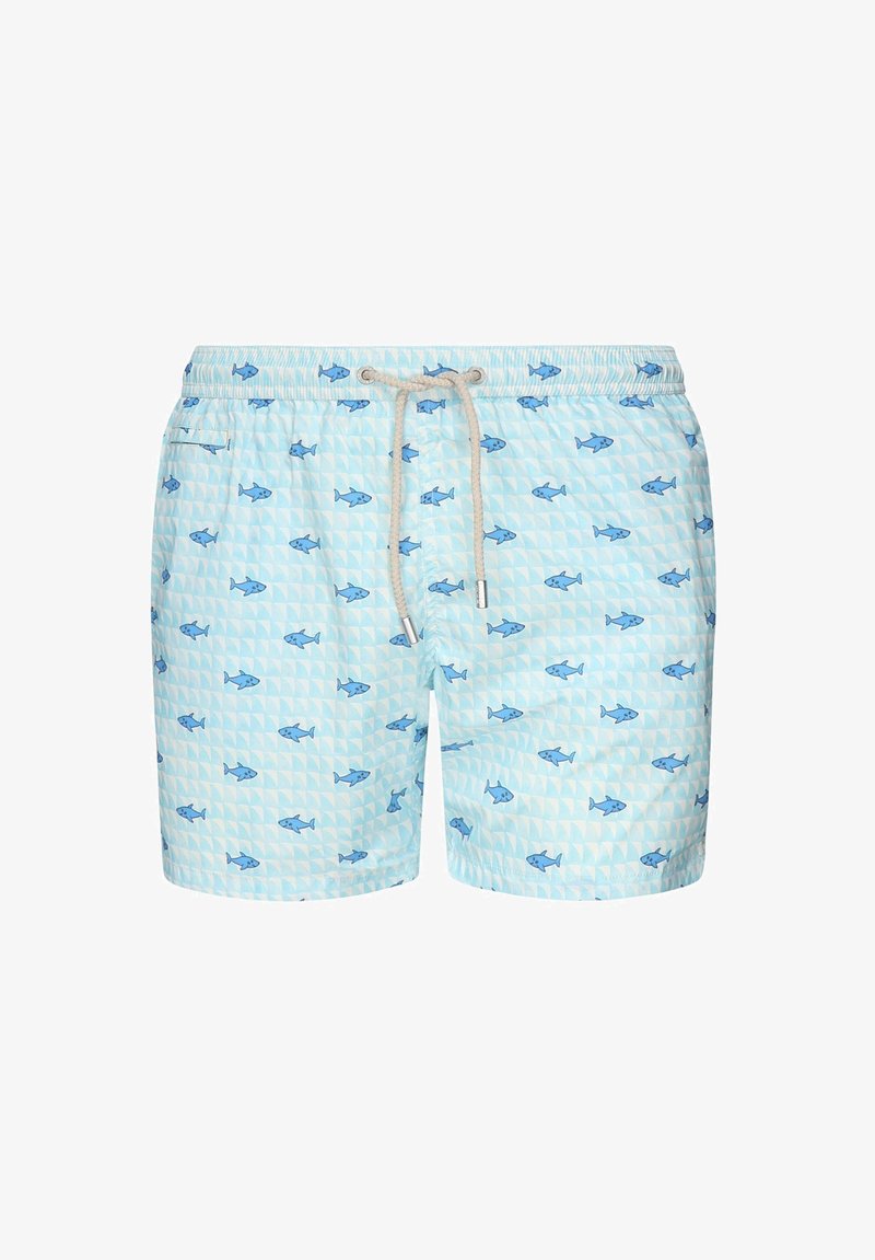 Pantaloni da bagno azzurri con un motivo geometrico e piccoli motivi di pesci blu. Dotati di una cintura elastica con cordoncino e due tasche laterali.