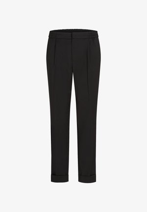 Mustad püksid elastse vöökohtaga, sirge jala kujundusega ja üles keeratud äärtega. Valmistatud siledast, kudumisega kangast, ilma mustriteta.