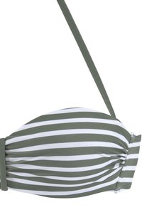 Zeleni i bijeli prugasti bikini top s bandeau dizajnom, podesivim trakama i naboranim detaljima u središtu.