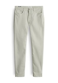 Pantaloni slim fit di cotone verde chiaro con una texture liscia, dotati di tasche frontali, chiusura con bottone e dettagli di cucitura discreti.