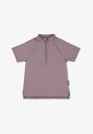Kurzarm-Top in hellem Mauve, aus glattem Stoff gefertigt, mit einem halben Reißverschluss vorne und einem hohen Kragen, Raglanärmeln und seitlichen Schlitzen.