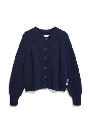 Navy blue knit cardigan with a cropped design, round neck, and seven black buttons down the front. Features ribbed texture and long sleeves.