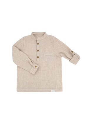 Beige long-sleeve shirt with a mandarin collar, five wooden buttons, a chest pocket, and rolled cuffs. Made of textured, lightweight fabric.