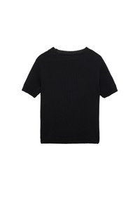 Sort kortærmet strikbluse med rund hals, ribbede manchetter og forneden. Glat tekstur med et klassisk, enkelt design.