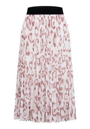 Plisseret midi-nederdel med hvid bund, støvet lyserødt leopardprint og kontrasterende sort elastik i taljen.
