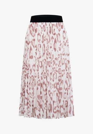 Pleated midi skirt with white base, dusty pink leopard print, and contrasting black elastic waistband.