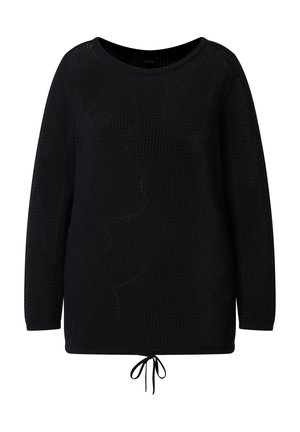 Schwarzer Strickpullover mit langen Ärmeln, rundem Ausschnitt und Kordelzug am unteren Saum, strukturiert mit einem dezenten Muster.