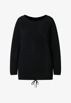 Černý dlouhý pletený svetr s kulatým výstřihem a stahovací šňůrkou na spodním lemu, strukturovaný jemným vzorem.