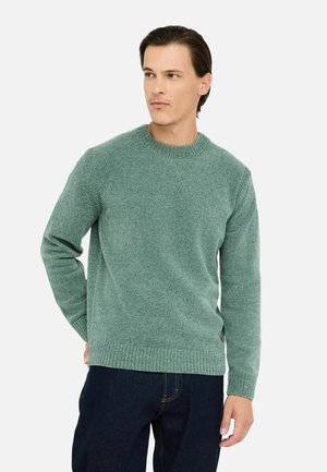 Maglione verde a maglia testurizzata con scollo a girocollo e polsini/orlo a costine, abbinato a jeans blu scuro.