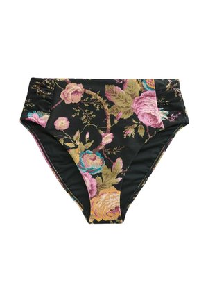 Hoher Bikinihose mit schwarzem Hintergrund und floralem Druck in Pink, Gelb, Grün und Blau, mit gerafften Seiten.