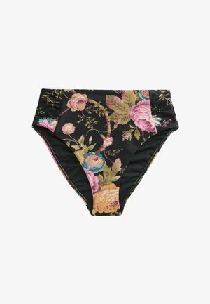 Hoher Bikinihose mit schwarzem Hintergrund und floralem Druck in Pink, Gelb, Grün und Blau, mit gerafften Seiten.