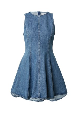 Denim jurk met een aansluitend lijfje en een uitlopende rok. Heeft een ronde halslijn, een mouwloos ontwerp en een ritssluiting aan de achterkant in het midden. Lichte blauwe kleur.