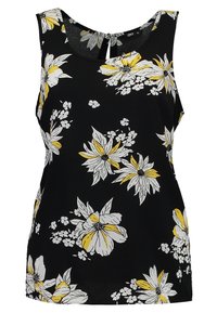 Top in tessuto nero con fantasia floreale, caratterizzato da grandi fiori gialli e bianchi, scollatura a forma di U e un dettaglio a chiave sulla parte posteriore.