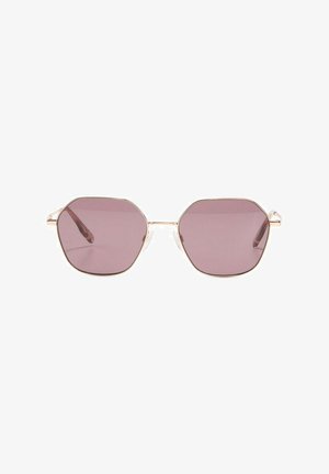 Sechseckige, rosa getönte Sonnenbrille mit dünnem goldfarbenem Metallrahmen und verstellbaren Nasenpads, dargestellt vor weißem Hintergrund.