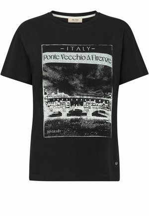 Zwarte katoenen t-shirt met een grafische print van de Ponte Vecchio, Florence. Kunstwerk in het wit, met logo van het merk onderaan. Korte mouwen.