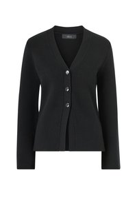 Zwarte cardigan gemaakt van gestructureerde stof, met een diepe V-hals, lange mouwen en vijf knopen aan de voorkant met contrasterend metaal.