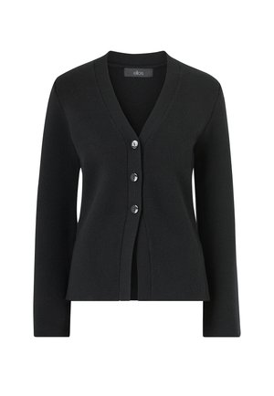 Sort cardigan lavet af struktureret stof med dyb V-hals, lange ærmer og fem knapper foran med kontrasterende hardware.