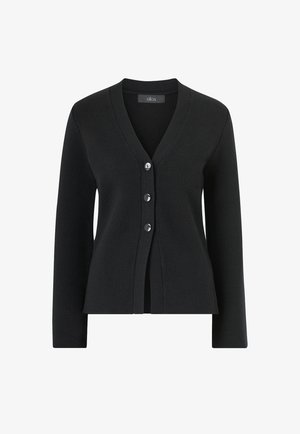 Sort cardigan lavet af struktureret stof med dyb V-hals, lange ærmer og fem knapper foran med kontrasterende hardware.