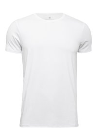 Hvid kortærmet t-shirt lavet af blødt bomuld, med en klassisk rund halsudskæring og en glat tekstur, uden synlige mønstre eller accenter.