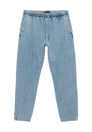 Lysblå denimbukser med elastisk talje, smal ben og to sidelommer. Stoffet har en glat tekstur og et afslappet design.