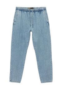 Helle blaue Jeanshose mit einem elastischen Bund, schmal zulaufendem Bein und zwei seitlichen Taschen. Der Stoff hat eine glatte Textur und ein lässiges Design.