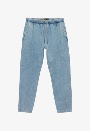 Pantalones de mezclilla azul claro con una cinturilla elástica, pierna ajustada y dos bolsillos laterales. La tela tiene una textura suave y un diseño informal.