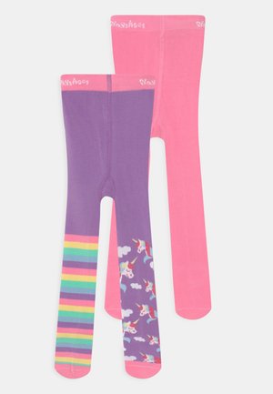 Two pairs of tights: one purple with striped rainbow accent and illustrated unicorn pattern, and one solid pink with a matching waistband.