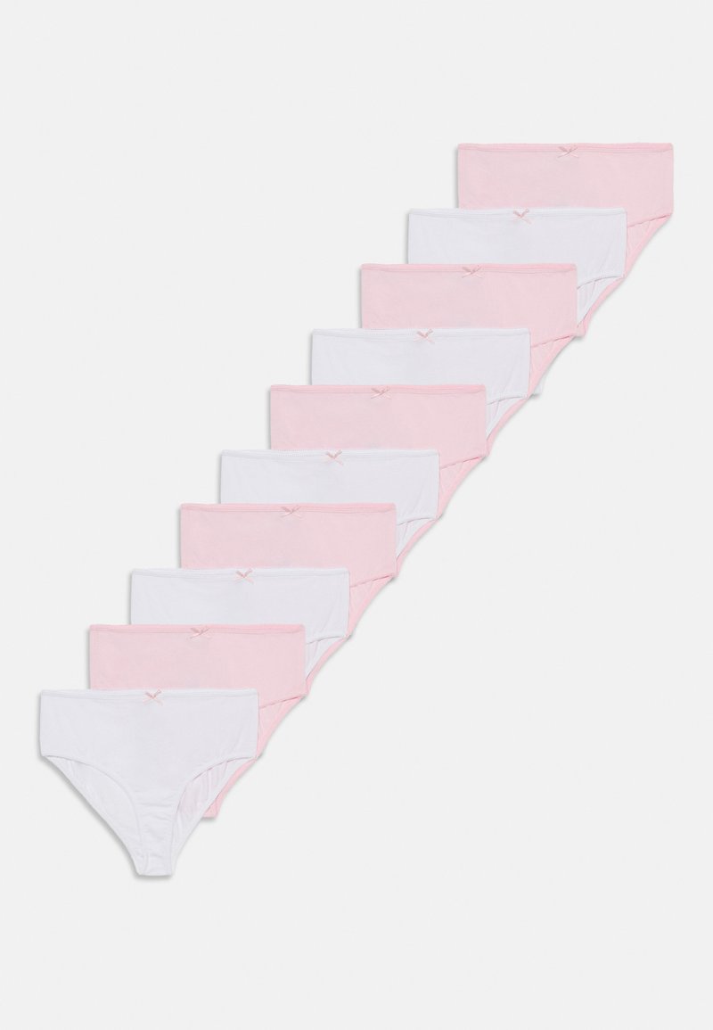 Desať párov bavlnených nohavičiek v ružovej a bielej farbe, s jednoduchým dizajnom a malou mašľou na pásiku. Každý pár má príjemný strih.