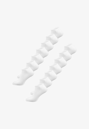 Opakowanie 12 białych skarpetek do kostki, wykonanych z mieszanki bawełny. Charakteryzują się gładką fakturą i ściągaczem z prążkami zapewniającym pewne dopasowanie. Każda skarpetka ma niski krój.
