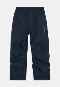 Pantaloni elastici impermeabili de culoare albastru marin, cu logo-ul Didriksons pe coapsa dreaptă, concepuți pentru utilizare în condiții de vreme umedă sau pentru activități în aer liber.