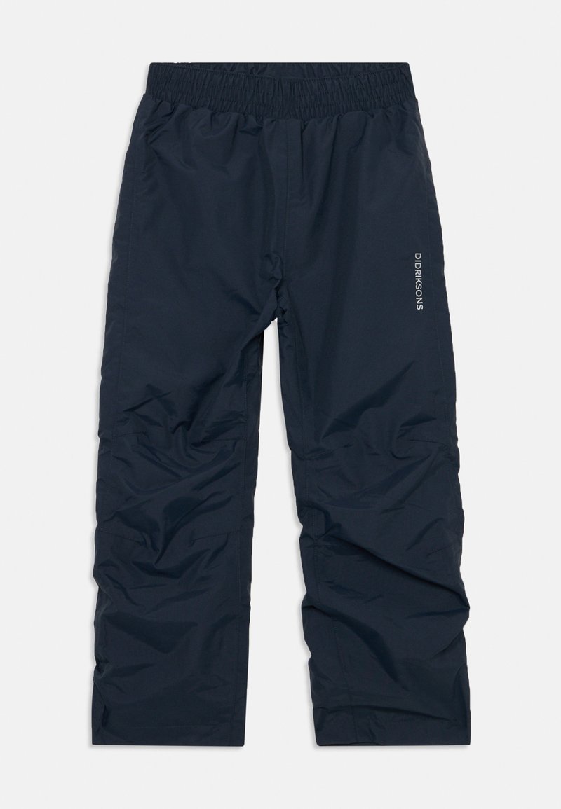 Pantaloni elastici impermeabili de culoare albastru marin, cu logo-ul Didriksons pe coapsa dreaptă, concepuți pentru utilizare în condiții de vreme umedă sau pentru activități în aer liber.