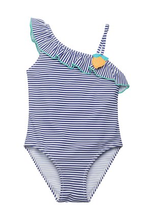 Bañador de una pieza con rayas azul marino y blancas, volantes en el hombro, ribete turquesa y un detalle decorativo de limón amarillo.